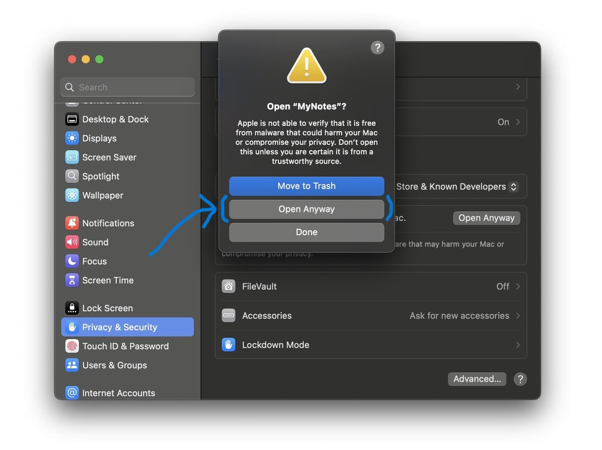 macOS permission dialog for Apple Notes access